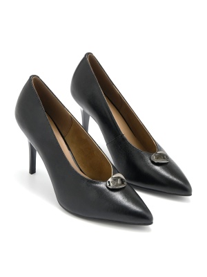 WOMEN'S SHOES MADE OF GENUINE LEATHER IN BLACK WITH HIGH HEELS AND METAL DECORATION