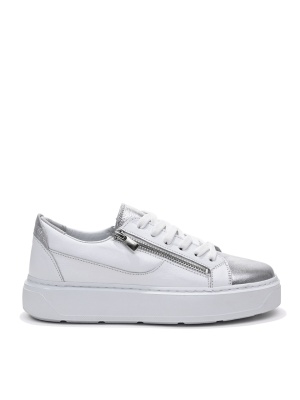 WOMEN'S SHOES MADE OF GENUINE LEATHER IN WHITE WITH SILVER ACCENTS