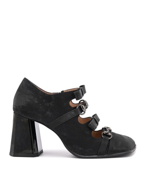 WOMEN'S SHOES MADE OF GENUINE LEATHER WITH HIGH THICK HEELS IN BLACK WITH SILVER BUCKLES