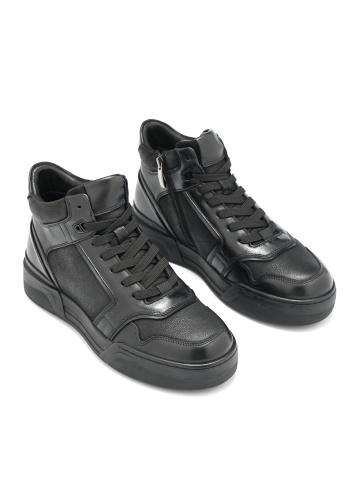 MEN'S GENUINE LEATHER SPORTS BOOTS IN BLACK WITH ZIPPER AND LACE-UPS