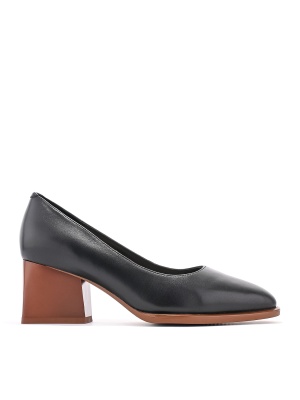 WOMEN'S BLACK GENUINE LEATHER THICK HEEL SHOES