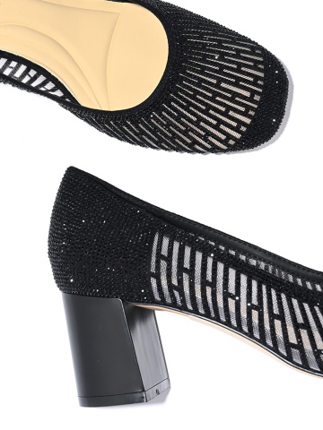 WOMEN'S FORMAL SHOES IN BLACK LACE WITH STONES AND THICK HEEL