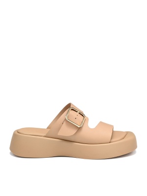 WOMEN'S SLIPPERS MADE OF GENUINE LEATHER IN BEIGE WITH GOLDEN BUCKLE