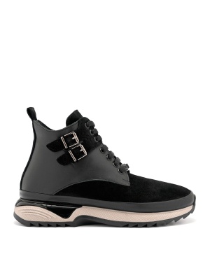 WOMEN'S FLAT PLATFORM BOOTS MADE OF GENUINE LEATHER AND SUEDE WITH BUCKLES