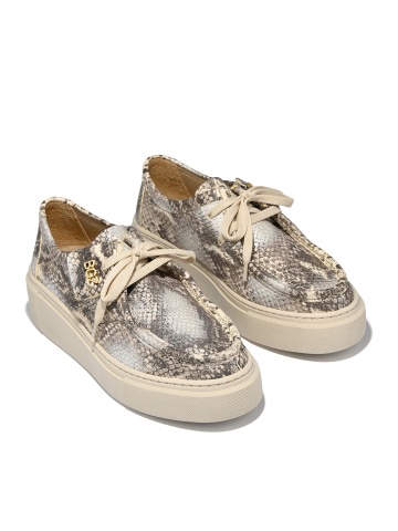 WOMEN'S GENUINE LEATHER MOCCASINS IN GREY AND BEIGE WITH SNAKE PRINT AND PLATFORM