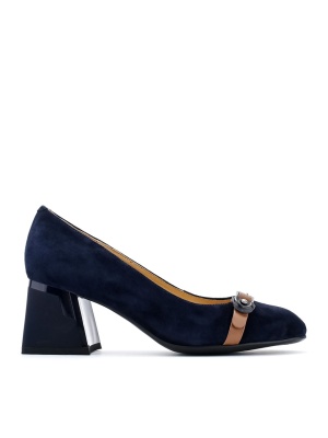 WOMEN'S NATURAL SUEDE THICK HEEL SHOES WITH DECORATIVE STRAP