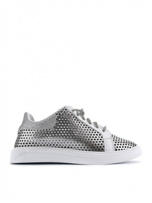 WOMEN'S PERFORATED GENUINE LEATHER SHOES IN WHITE AND SILVER