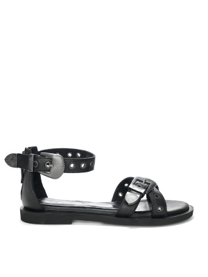 WOMEN'S SANDALS MADE OF GENUINE LEATHER IN BLACK WITH SILVER BUCKLES