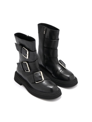 WOMEN'S BOOTS MADE OF GENUINE LEATHER IN BLACK WITH WIDE STRAPS AND METAL BUCKLES