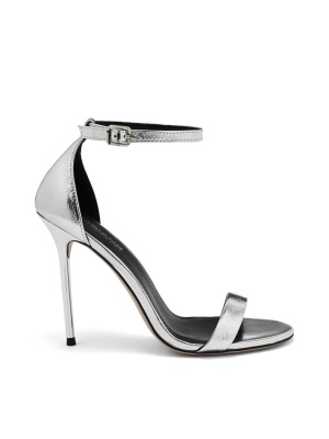 WOMEN'S GENUINE LEATHER SANDALS WITH HIGH THIN HEEL IN SILVER