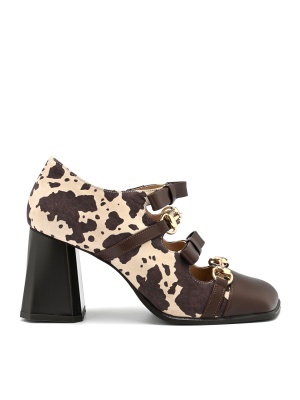 WOMEN'S SHOES MADE OF GENUINE LEATHER WITH HIGH THICK HEELS AND PRINT IN BEIGE AND BROWN WITH GOLDEN BUCKLES
