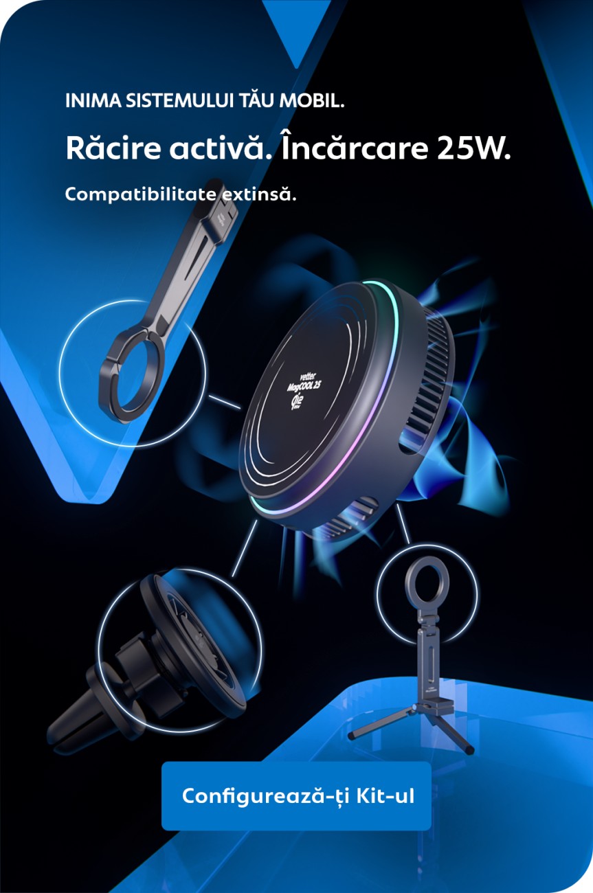 Incarcator/Suport compatibil Magsafe cu incarcare wireless Vetter magCOOL 25, Qi2.2 25W, racire activa