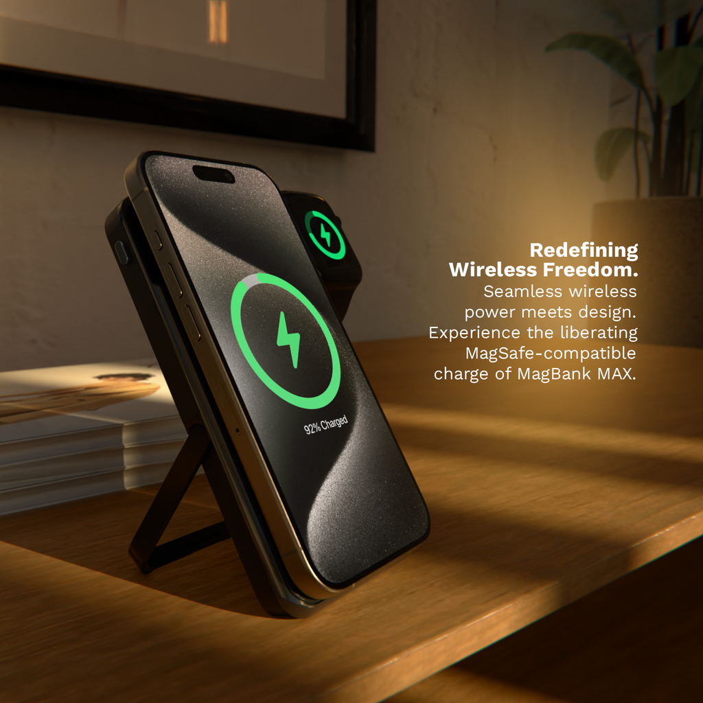 MagBank MAX - Power Bank pentru iPhone si Apple Watch, compatibil MagSafe, vedere laterală