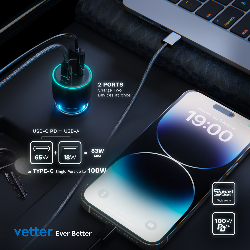 Turbo 100W incarcand simultan un telefon pe USB-A si un laptop pe USB-C