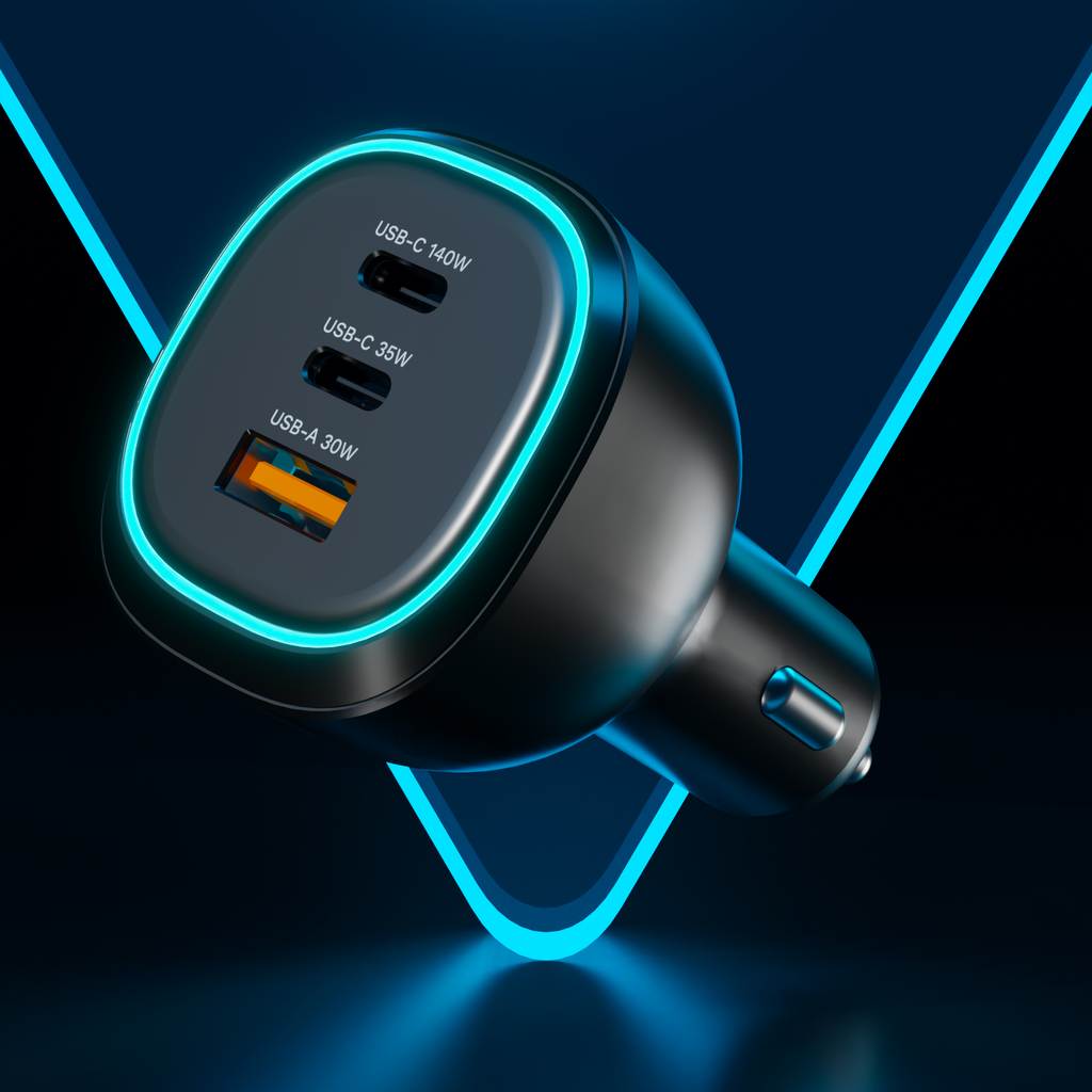 Incarcatorul auto Vetter Turbo 165W incarcand un laptop prin portul USB-C1 de 140W