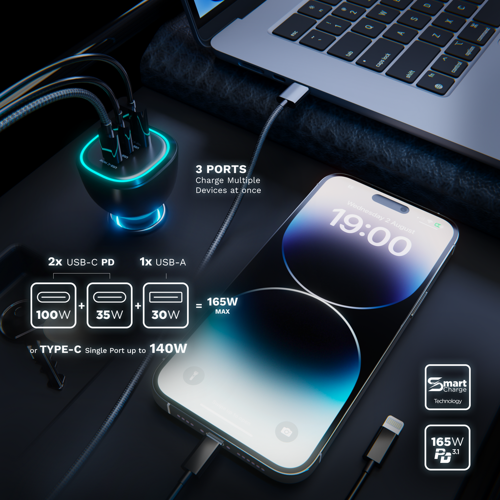 Turbo 165W cu trei dispozitive conectate simultan: laptop, telefon si accesoriu