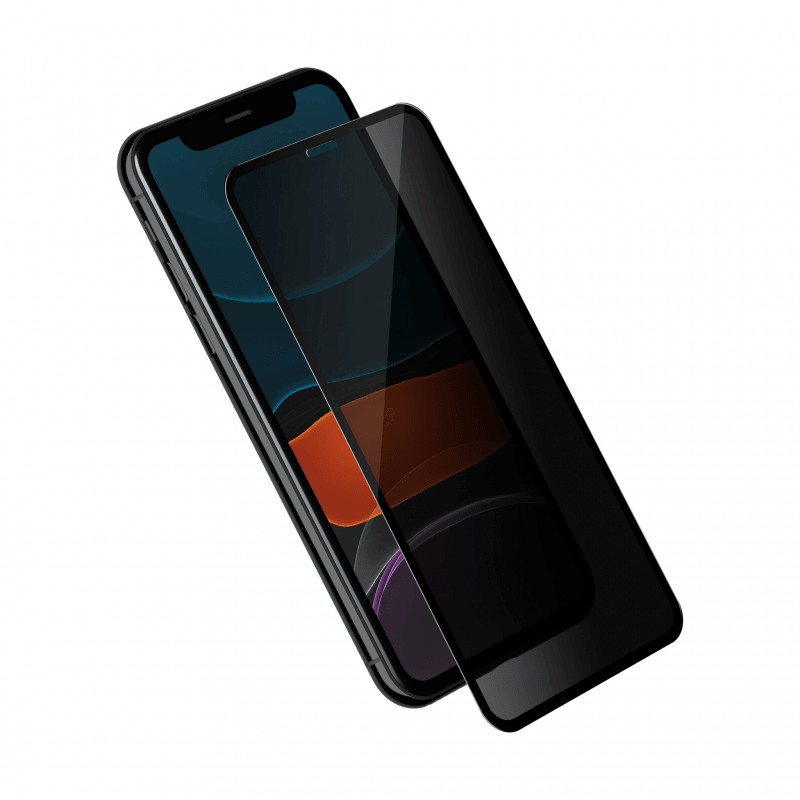 Ecranul iPhone 11 privit din lateral, intunecat de folia privacy Vetter