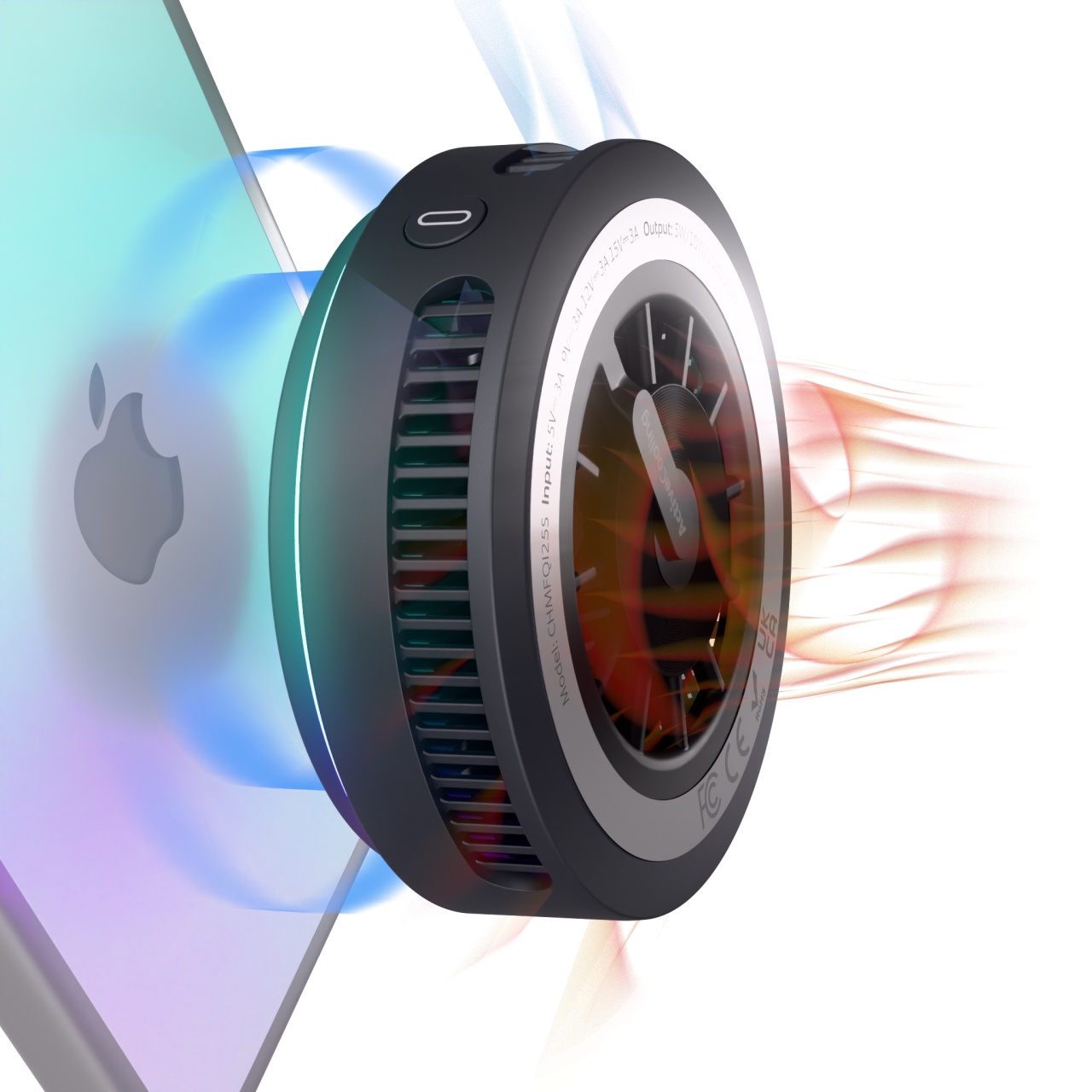 Vetter magCOOL 25 prins pe un iPhone, cu aer rece la intrare si aer cald evacuat prin fantele laterale