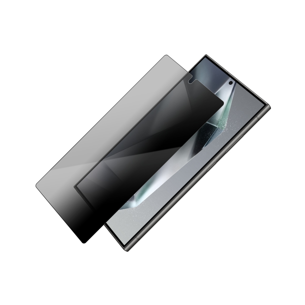 Ecranul Samsung Galaxy S24 Ultra privit din lateral, intunecat de folia privacy Vetter