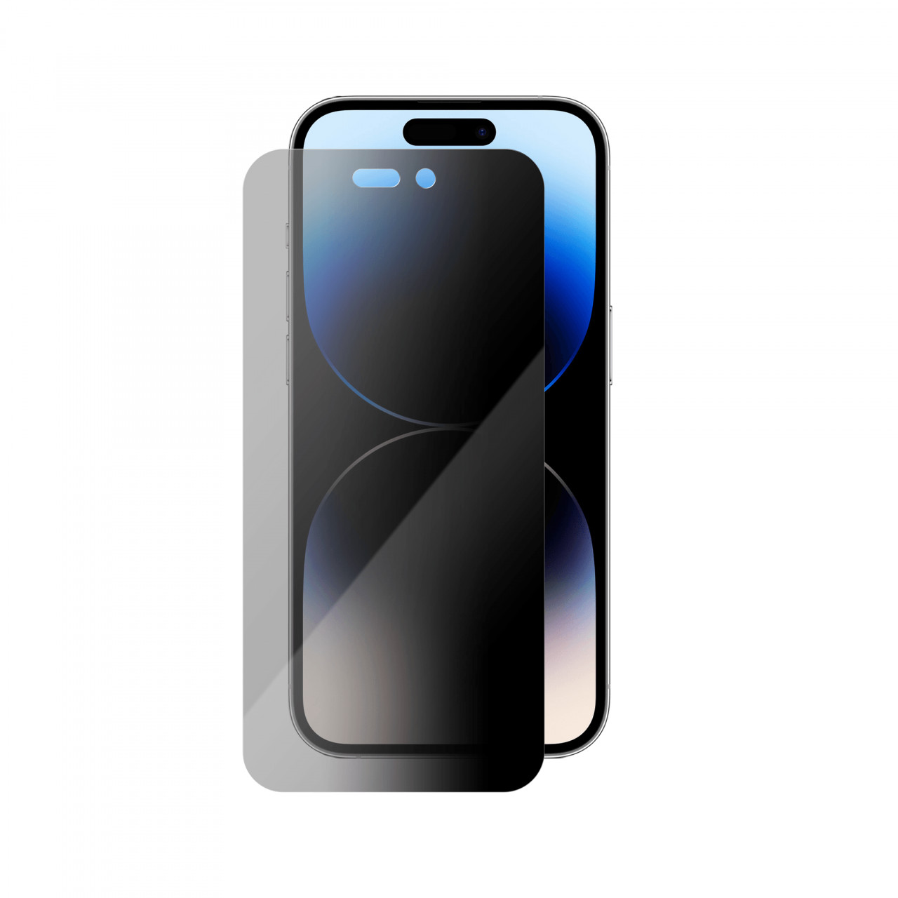 Ecranul iPhone 14 Pro privit din lateral, intunecat de folia privacy Vetter