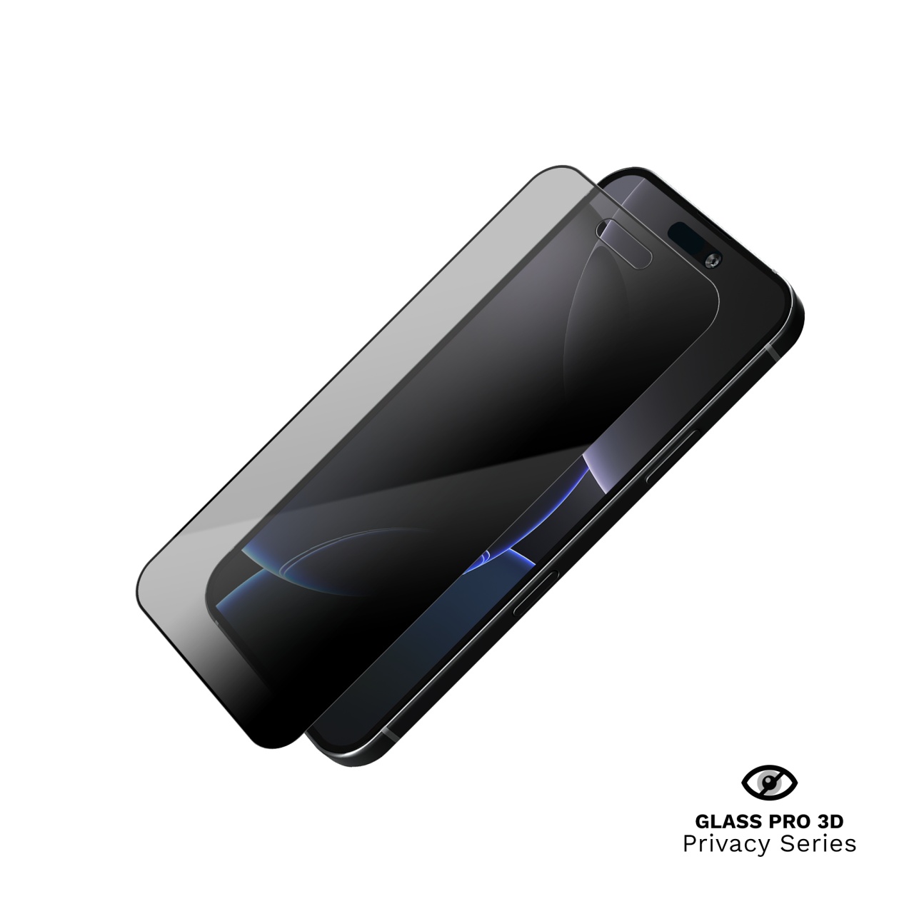 Ecranul iPhone 16 Plus privit din lateral, intunecat de folia privacy Vetter