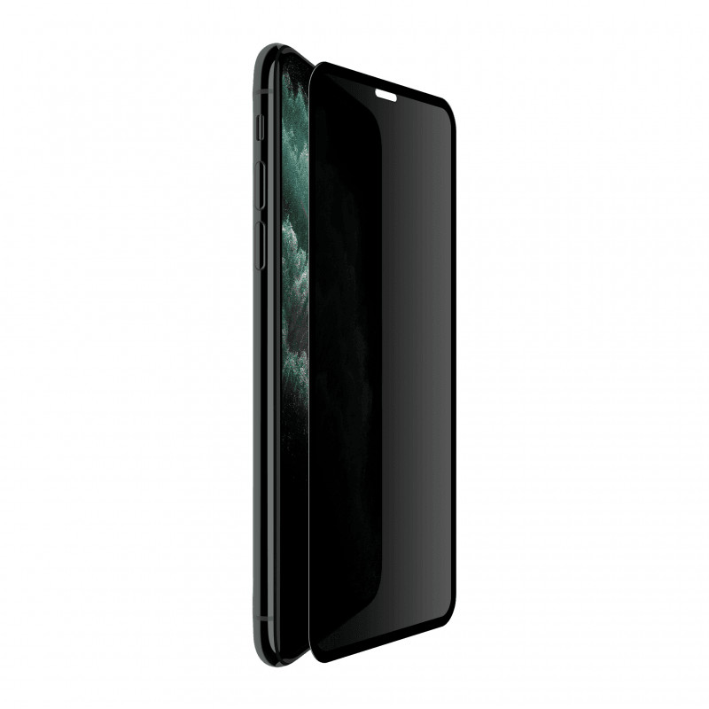 Ecranul iPhone 11 Pro privit din lateral, intunecat de folia privacy Vetter