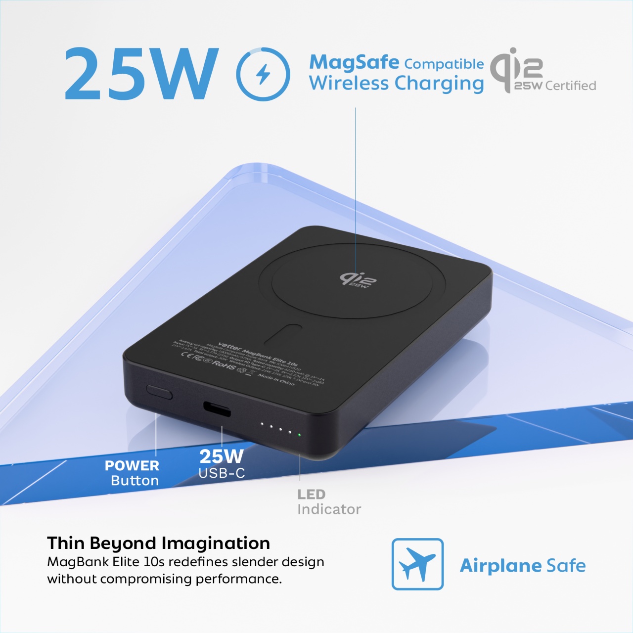Infografic: Vetter MagBank Elite 10s, incarcare wireless pana la 25W, port USB-C 25W, buton de pornire si indicator LED