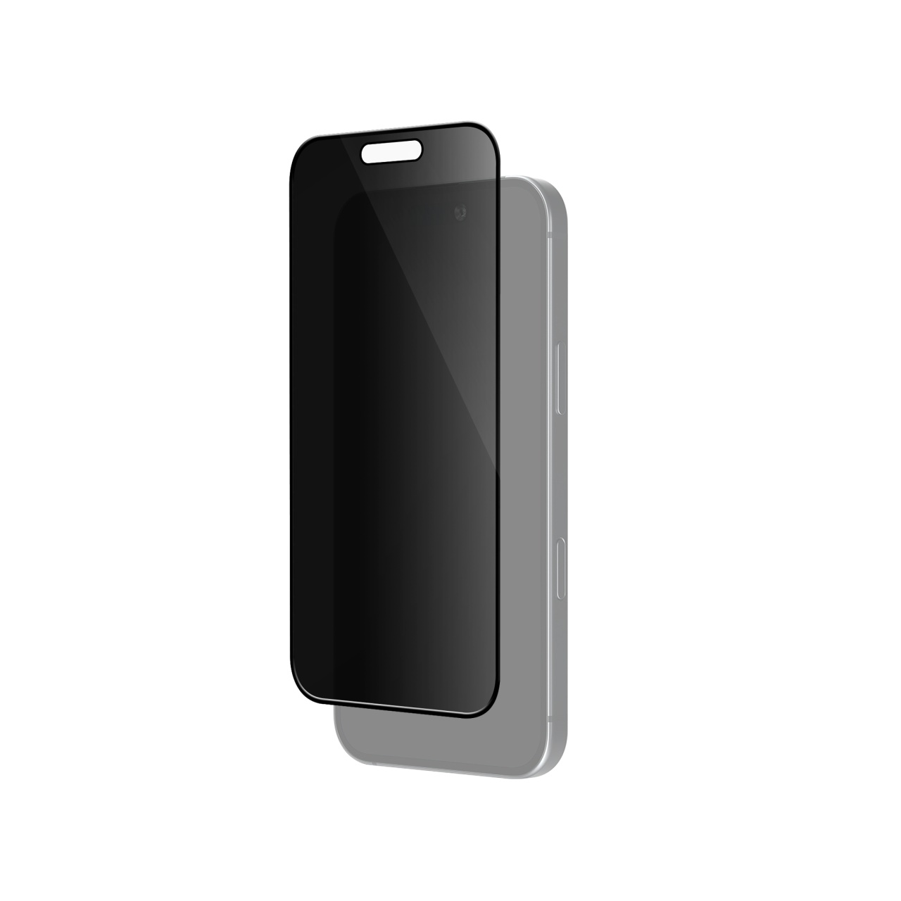 Ecranul iPhone 17 privit din lateral, intunecat de folia privacy Vetter