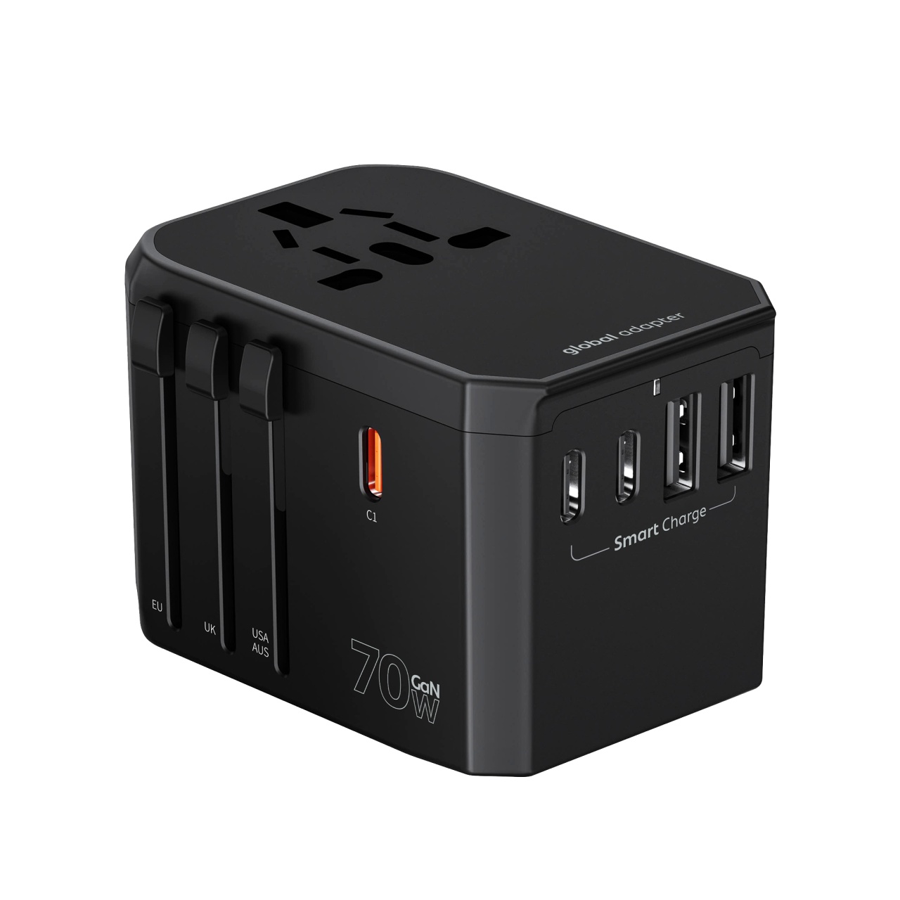 Incarcator si adaptor universal de calatorie Vetter GaN Voyager 70W, cu stecher EU scos si cinci porturi USB