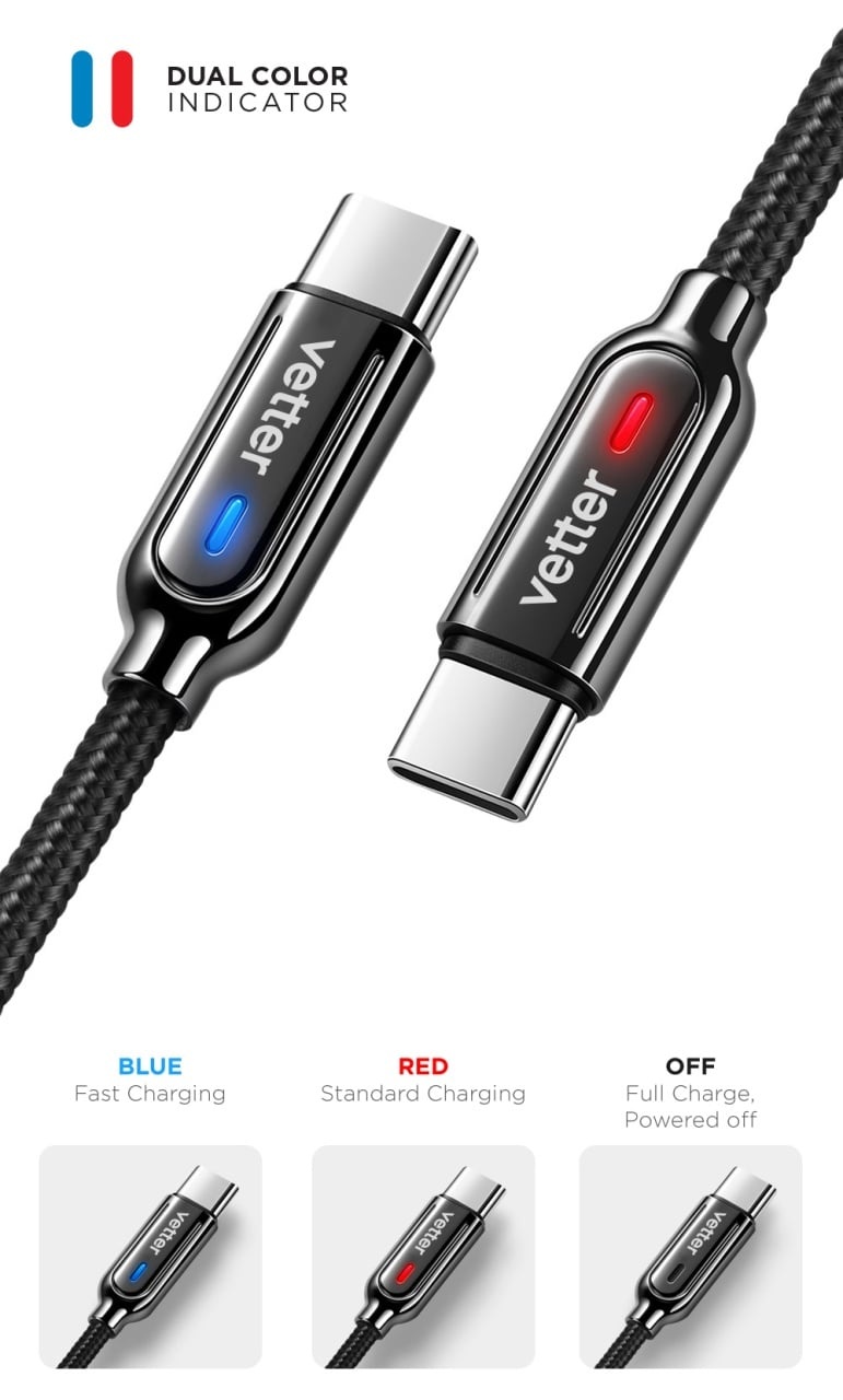 Indicatorul LED in doua culori al cablului Smart USB-C: albastru, rosu si stins