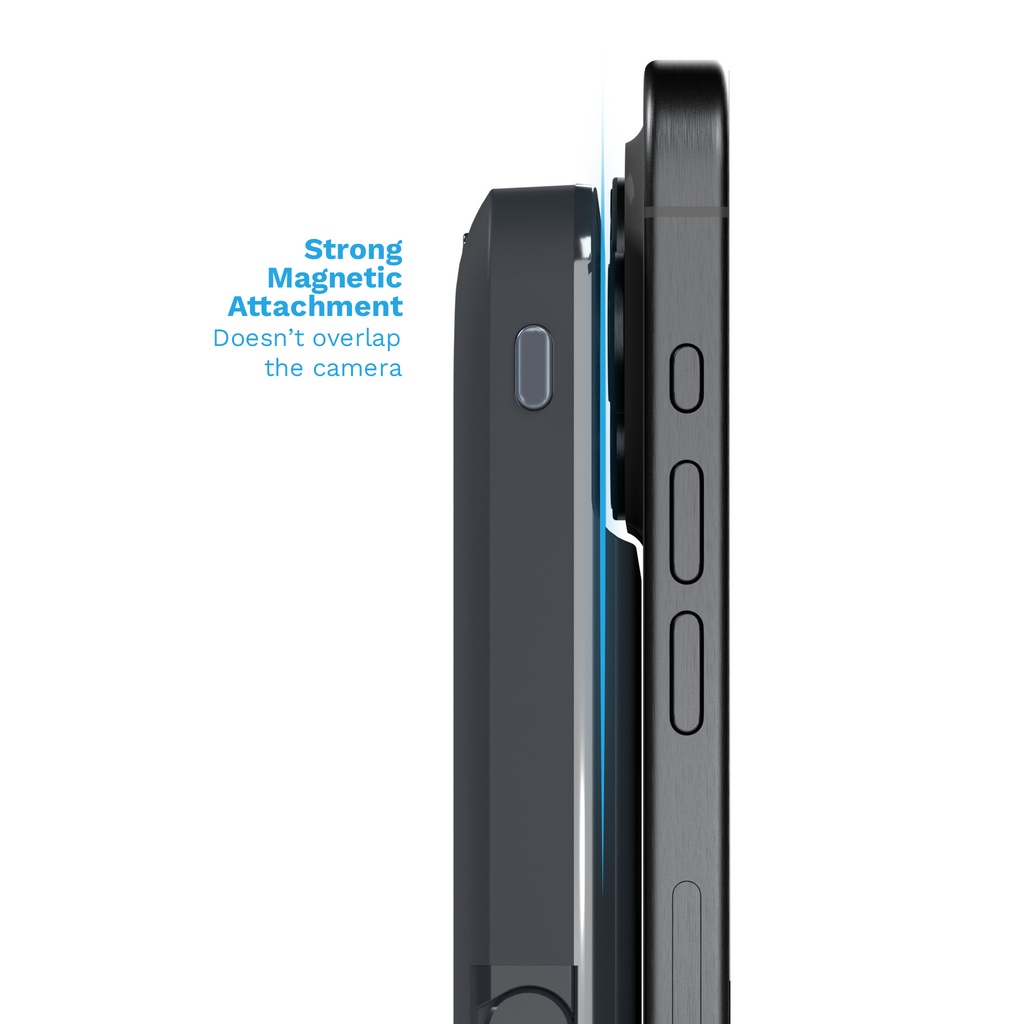 Acumulatorul Vetter MagBank MAX prins magnetic pe spatele unui iPhone, fara sa acopere camera