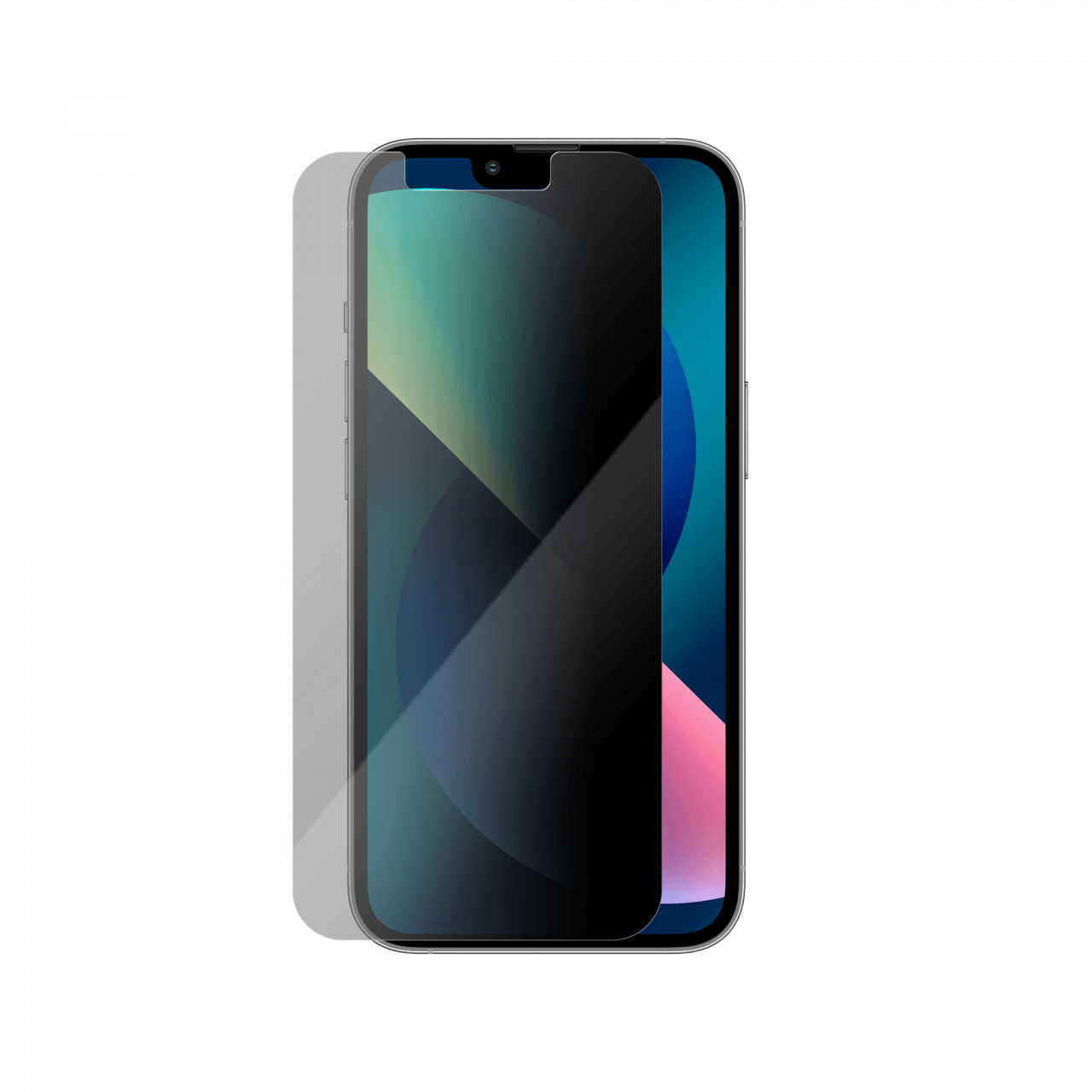 Ecranul iPhone 13 mini 3D Privacy Series privit din lateral, intunecat de folia privacy Vetter