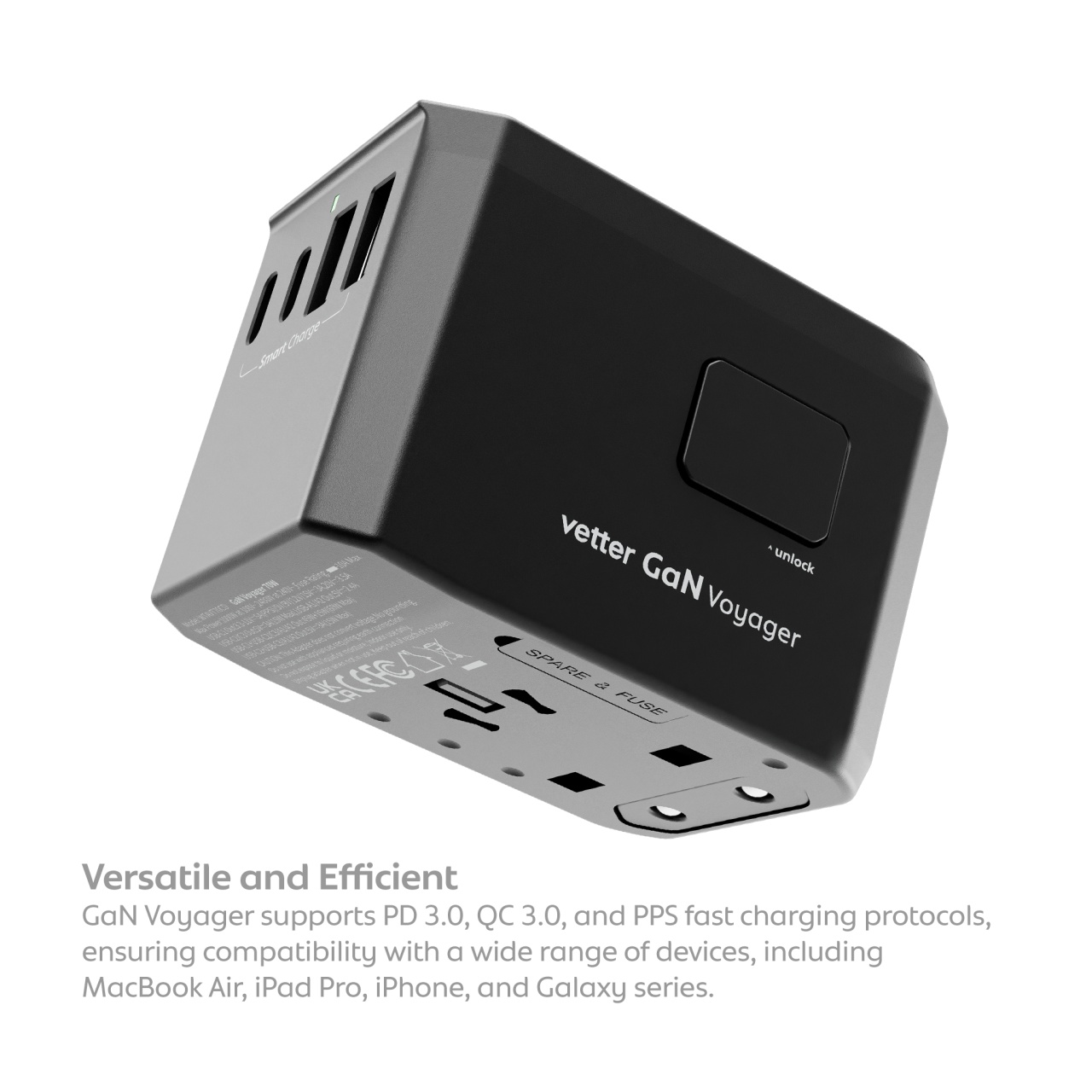 Vetter GaN Voyager vazut din lateral, cu porturile USB-C si USB-A si priza universala