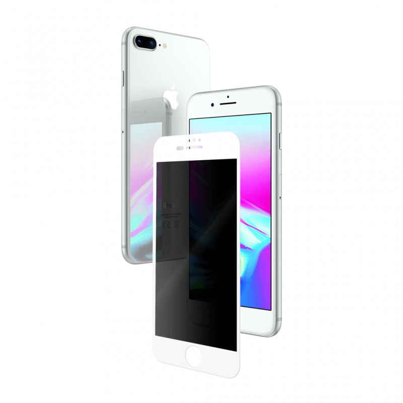 Ecranul iPhone 8 Plus privit din lateral, intunecat de folia privacy Vetter