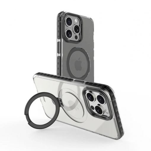 Husa iPhone 15 Pro Clip-On Crystal Compatibila MagSafe, with foldable stand, Negru