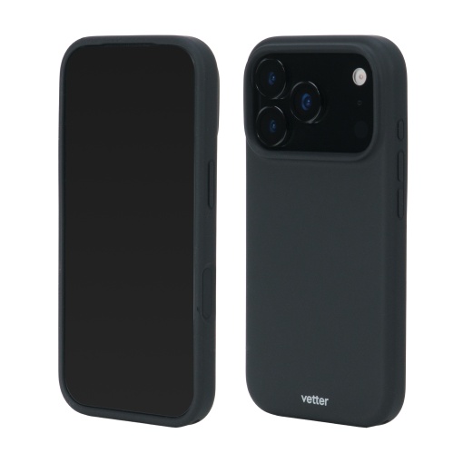 Husa Vetter Soft Touch Silk Series neagra pentru iPhone 18 Pro Max si 17 Pro Max, pe telefon, fata si spate