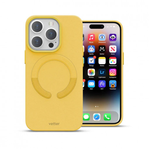 Husa iPhone 14 Pro Clip-On Piele Vegana, Compatibila MagSafe, Candy Yellow