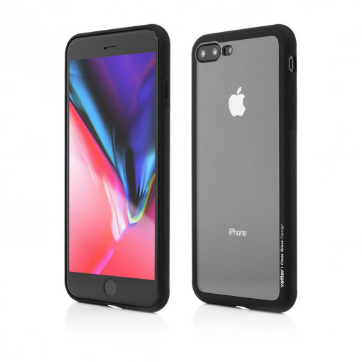 Husa iPhone 8 Plus, 7 Plus Clip-On Hybrid Soft Edge with Clear Back Glass, Negru