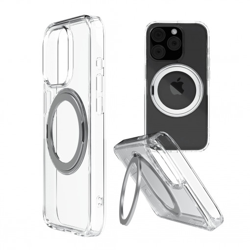 Husa iPhone 15 Pro Max Clip-On Crystal Compatibila MagSafe, with 360 degree rotating stand, Transparent