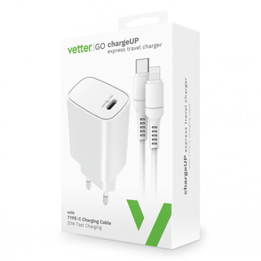 Incarcatoare Retea, Incarcator chargeUP, Smart Travel Charger with Lightning Cable, Vetter Go, Power Delivery, 20W, White - vetter.store _1