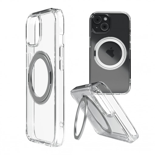 Husa iPhone 15 Plus Clip-On Crystal Compatibila MagSafe, with 360 degree rotating stand, Transparent