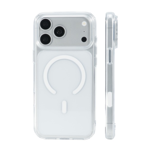 Husa Vetter Soft Pro transparenta pe iPhone 18 Pro Max, vedere din spate cu inelul MagSafe si profil lateral