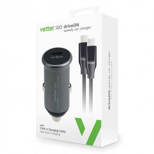 Incarcatoare Auto, Incarcator driveON, Smart Car Charger with Type-C Cable, Vetter Go, Power Delivery, 20W - vetter.store _1