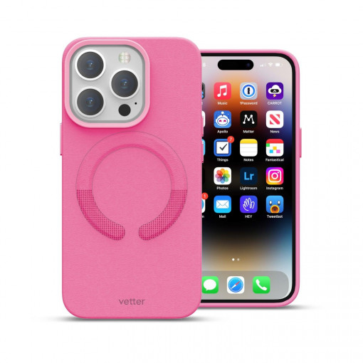 Husa iPhone 14 Pro Max Clip-On Vegan Piele, Compatibila MagSafe, Pink