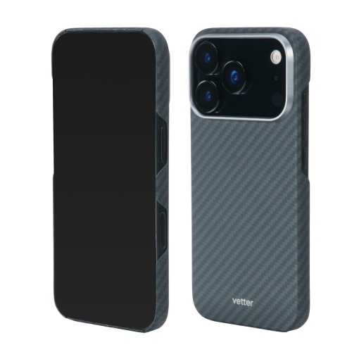 Husa Vetter Kevlar neagra pentru iPhone 18 Pro si 17 Pro, pe telefon, fata si spate