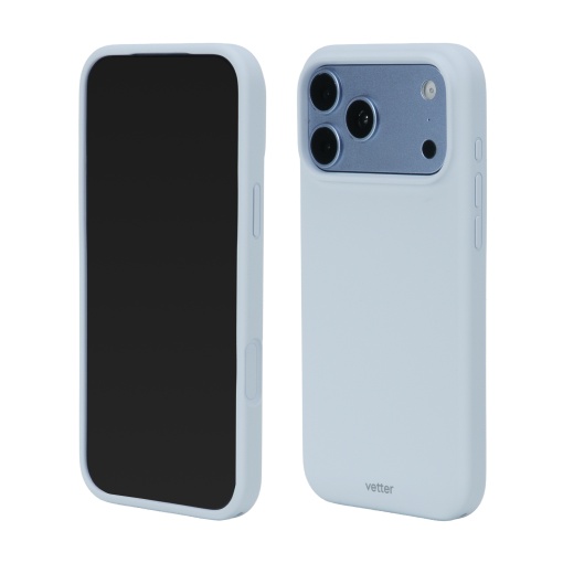 Husa Vetter Soft Touch Silk Series bleu pentru iPhone 18 Pro Max si 17 Pro Max, pe telefon, fata si spate