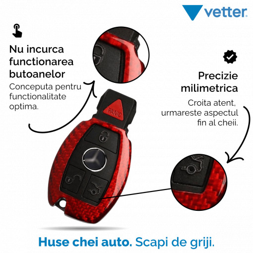 Huse Chei Auto, Husa Vetter pentru cheie Mercedes-Benz W203, W210, W211, made from Carbon,Rosu - vetter.store _2