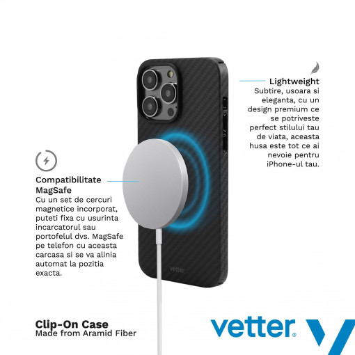 Huse iPhone 14, Husa iPhone 14 Clip-On, made from Aramid Fiber, Full Cover Kevlar, Compatibila MagSafe, Negru - vetter.store _1