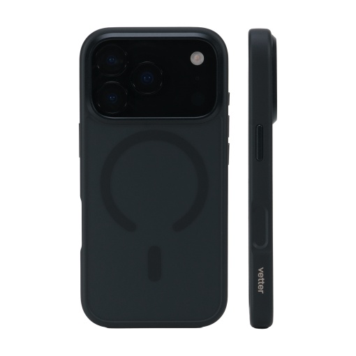 Husa Clip-On Hybrid Matt neagra pe iPhone 18 Pro, vedere din spate si profil lateral