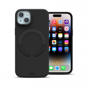 Étui pour iPhone 15 Plus, clip-on en cuir végétal, compatible MagSafe, noir